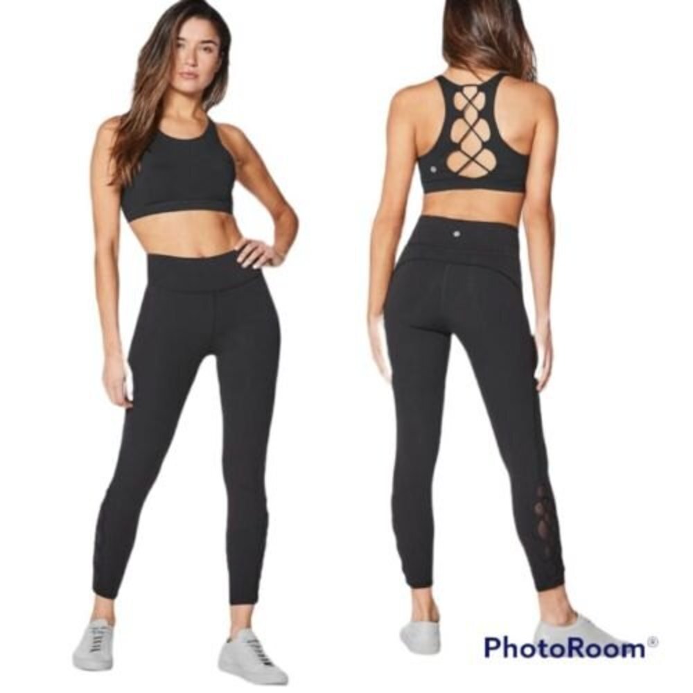 Lululemon Tied To It 7/8 Tight 25" Black Size 4 High Rise Lace Up Mesh Hems EUC